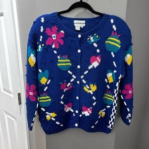Vintage Jennifer Reed Hand Knit Grandma Blue Floral Sweater-Md
